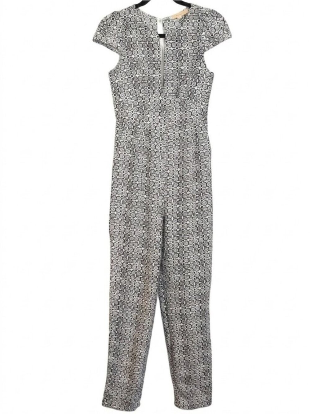 Ondine Geometric Graphic Print Jumpsuit Plunging V-Neck Cap Sleeve Black White 6